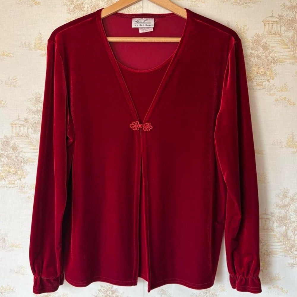 Vintage 90s red velvet velour whimsigoth boho long sleeve faux cardigan top L